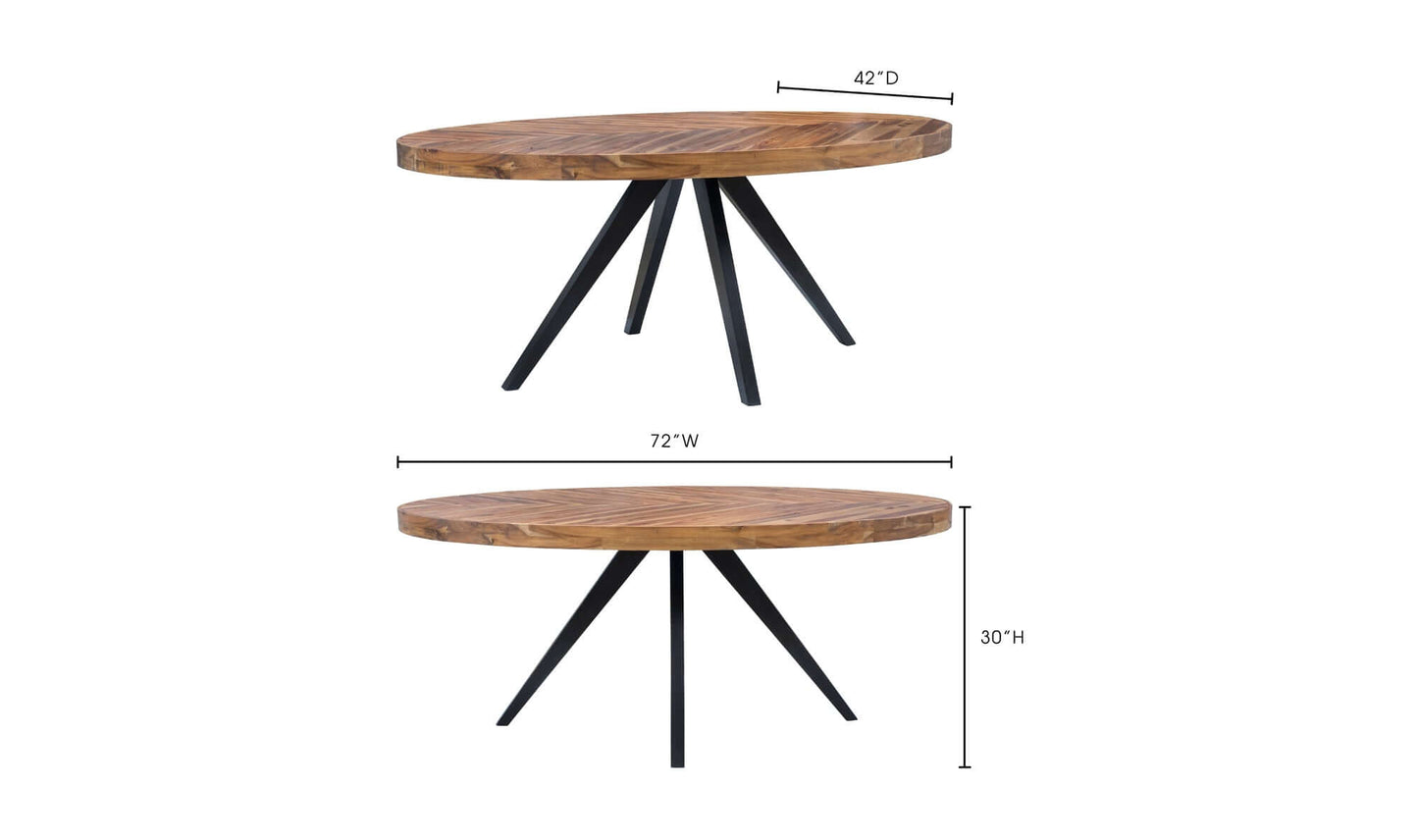 Parq Oval Rustic Dining Table dimensions showing width, depth, and height