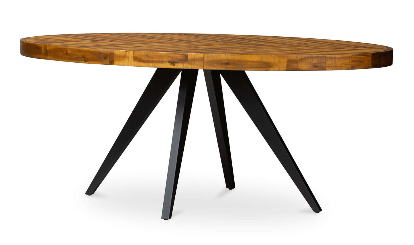 Side view of the Parq Oval Rustic Dining Table with metal legs.