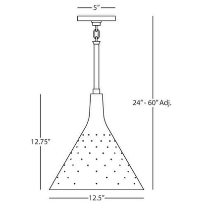 Dimensional diagram of brass pendant light with measurements and adjustable drop range.