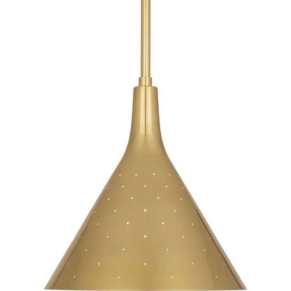 Brass cone-shaped pendant light with perforated design and adjustable hanging rod.