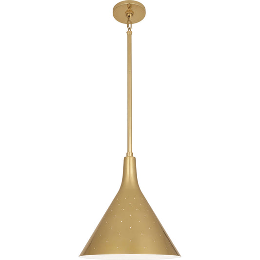 Brass pendant light with perforated shade and sleek cone design.