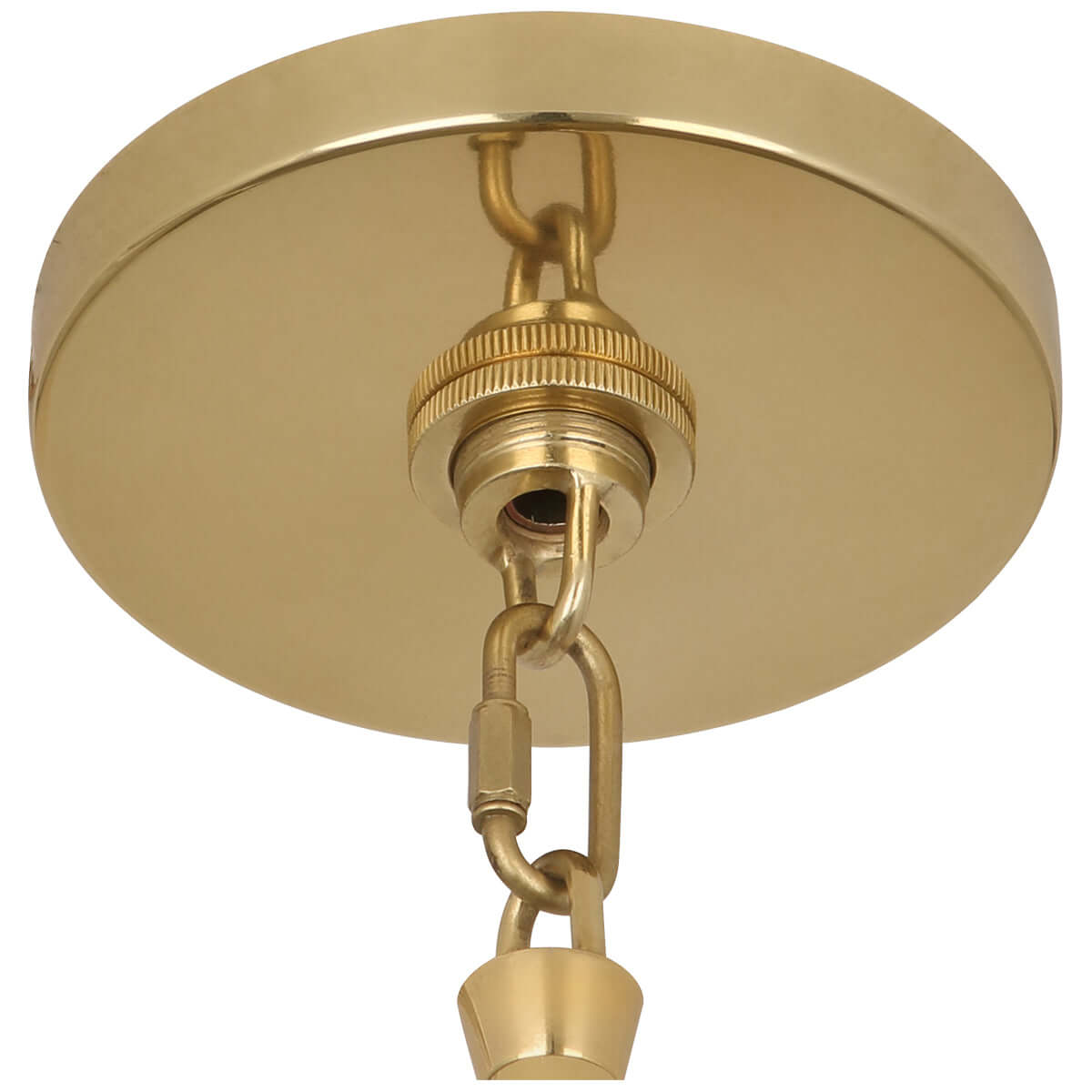 Ceiling mount detail of modern brass pendant light.