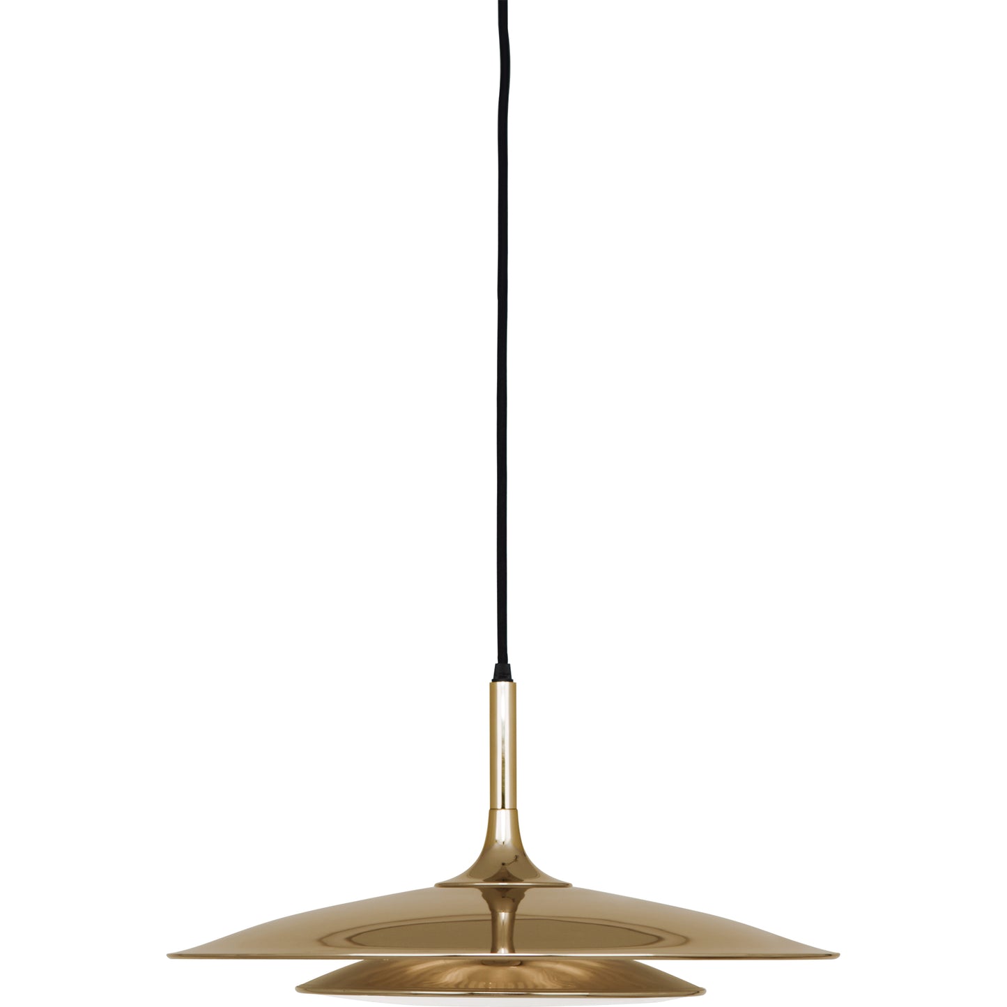 Polished gold Axiom Pendant Light with sleek metal shade and black cord.