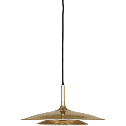 Polished gold Axiom Pendant Light with sleek metal shade and black cord.