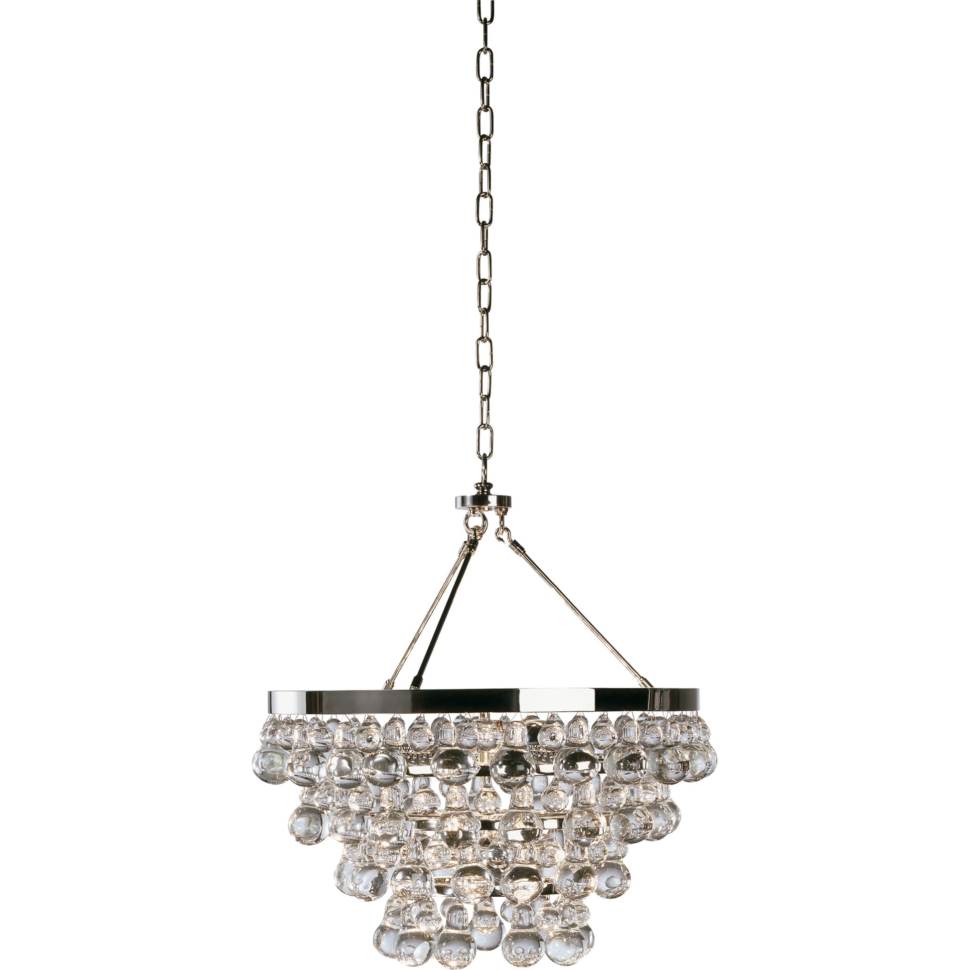 Polished nickel chandelier featuring layered glass drops and a sleek circular design.