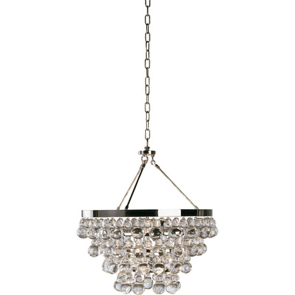 Polished nickel chandelier featuring layered glass drops and a sleek circular design.