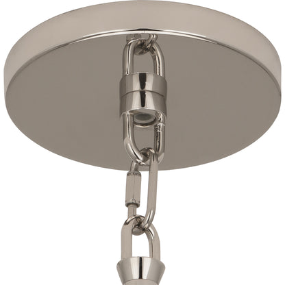  Close-up of a polished nickel ceiling canopy with chain attachment for a pendant light.