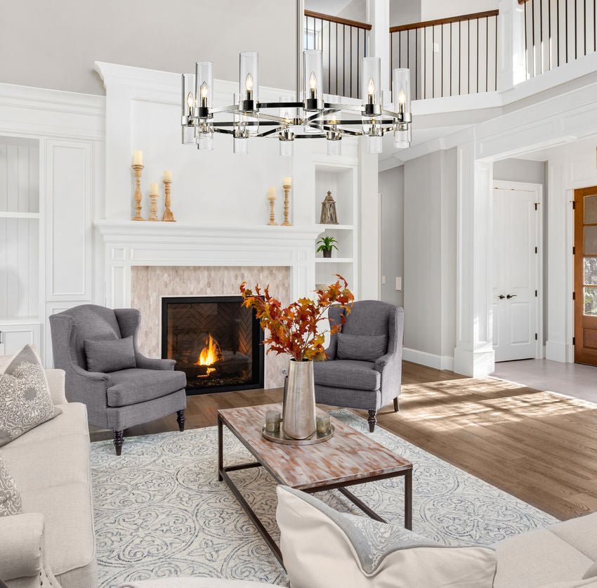 polished nickel chandelier styled in elegant living room.