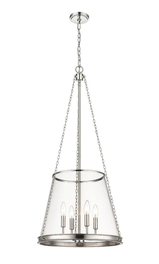 Polished nickel clear glass cone pendant light with four candelabra bulbs.
