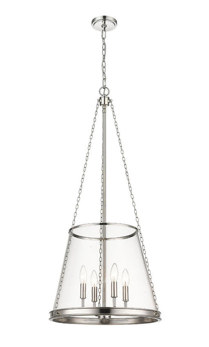 Polished nickel clear glass cone pendant light with four candelabra bulbs.