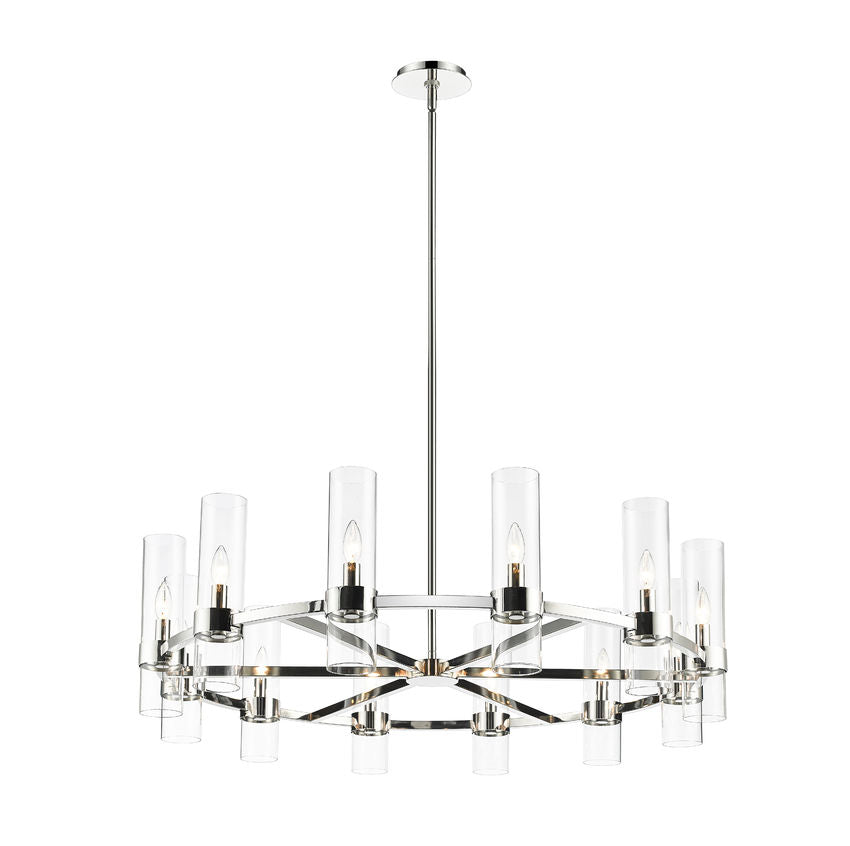 polished nickel contemporary chandelier with clear glass shades.