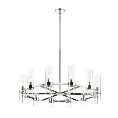 polished nickel contemporary chandelier with clear glass shades.