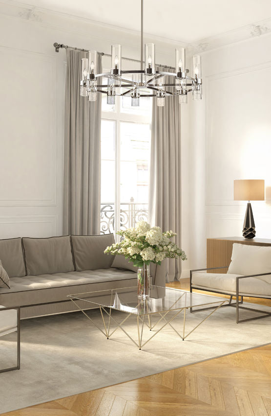 polished nickel datus chandelier in modern neutral living room.