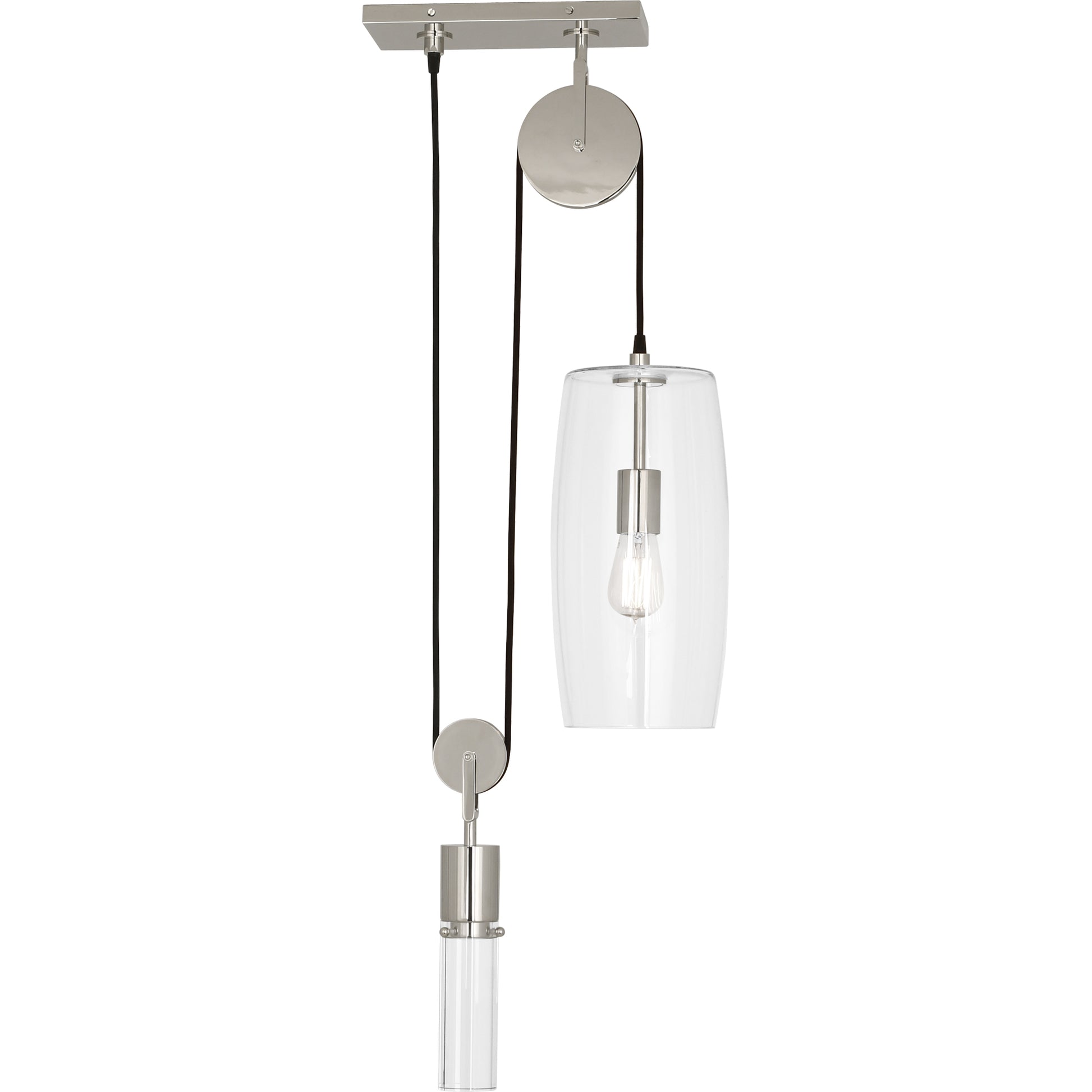 Polished Nickel Gravity Pendant Light with Clear Glass Shade and Adjustable Pulley System.