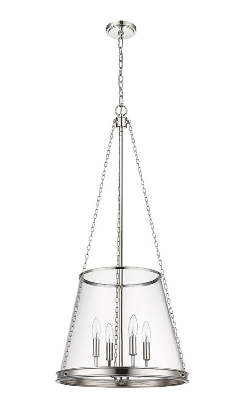 Polished nickel hanging cone pendant with clear tapered glass shade.