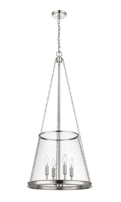 Polished nickel hanging cone pendant with clear tapered glass shade.