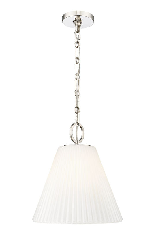 polished nickel modern pendant with white fluted shade.
