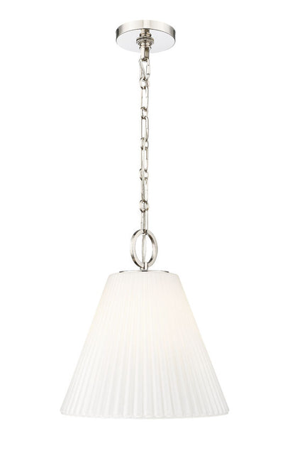 polished nickel modern pendant with white fluted shade.