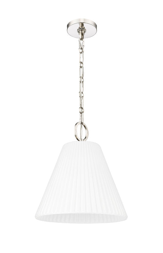 polished nickel pendant light with pleated shade hanging chain.