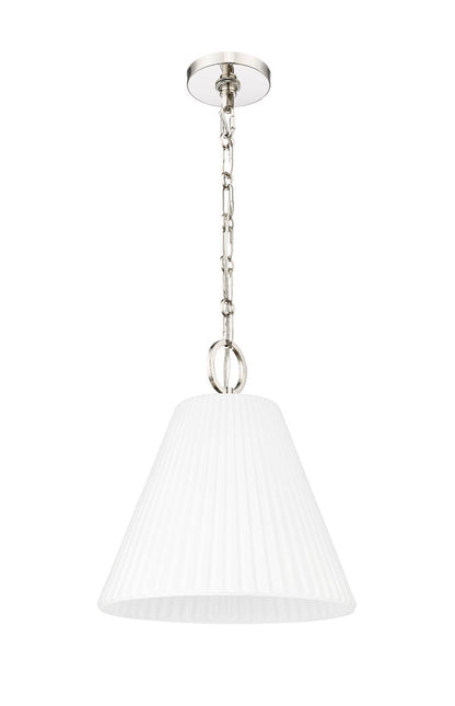 polished nickel pendant light with pleated shade hanging chain.