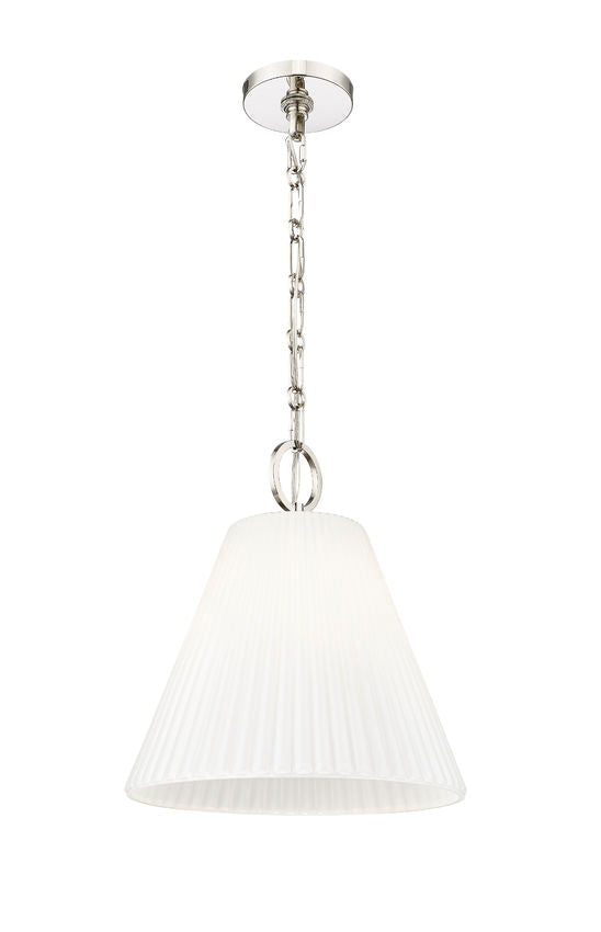 polished nickel cone pendant with pleated shade front view.