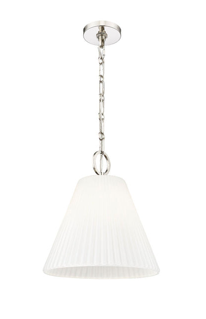 polished nickel cone pendant with pleated shade front view.