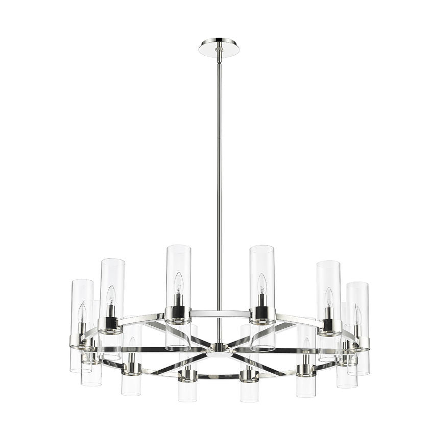 polished nickel twelve-light chandelier isolated product image.