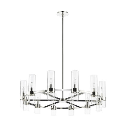 polished nickel twelve-light chandelier isolated product image.