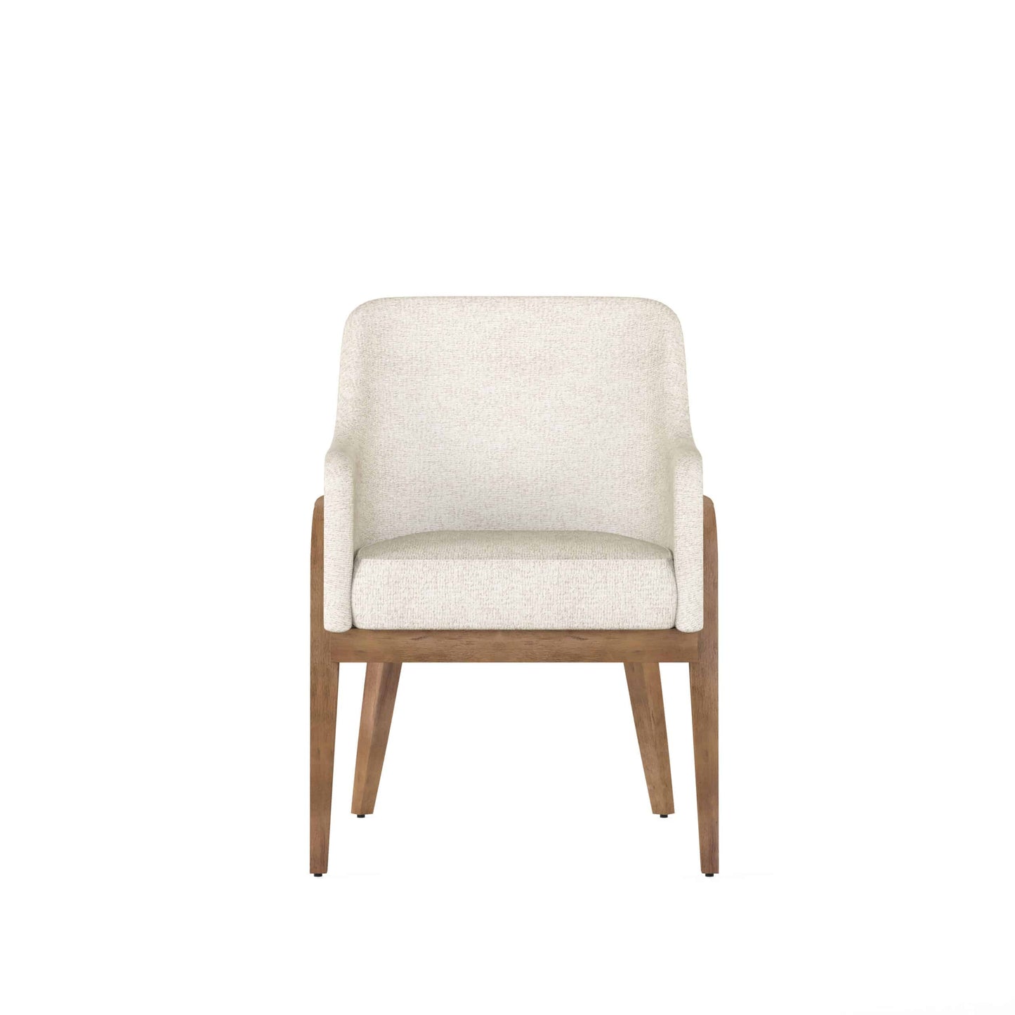 Frontal view of the Portico Modern Upholstered Dining Arm Chair, emphasizing the ergonomic padded seat and arms.