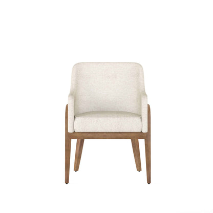 Frontal view of the Portico Modern Upholstered Dining Arm Chair, emphasizing the ergonomic padded seat and arms.