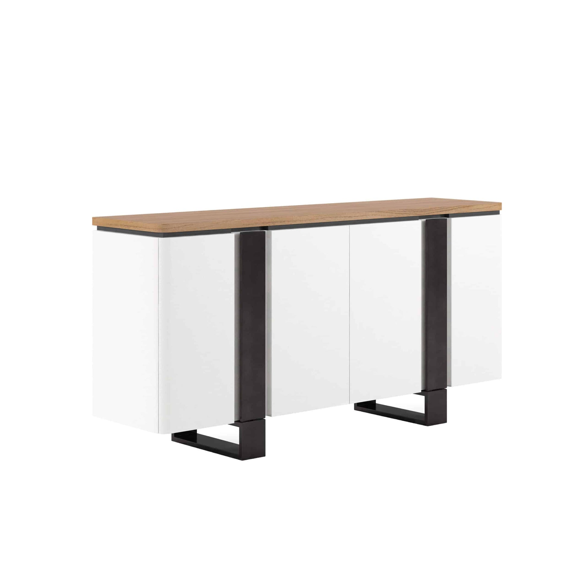 Side view of the Portico contemporary credenza with a sienna veneer top and matte black base.