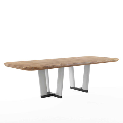 Angled view of the Portico Contemporary-Modern Dining Table highlighting the angular dual pedestal base and extension leaf.