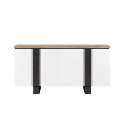 Front view of Portico Modern Credenza with white facade, black accents, and wood top.