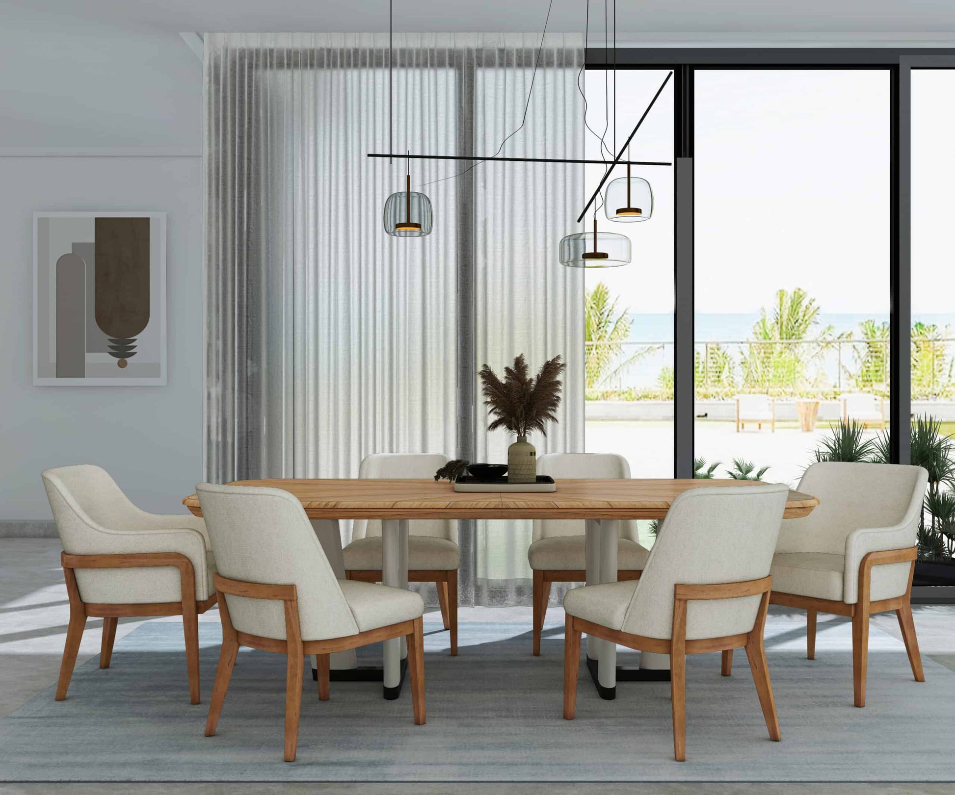 Dining room setup featuring Portico Modern Fabric Dining Chairs with exposed wood frames and white chenille fabric.