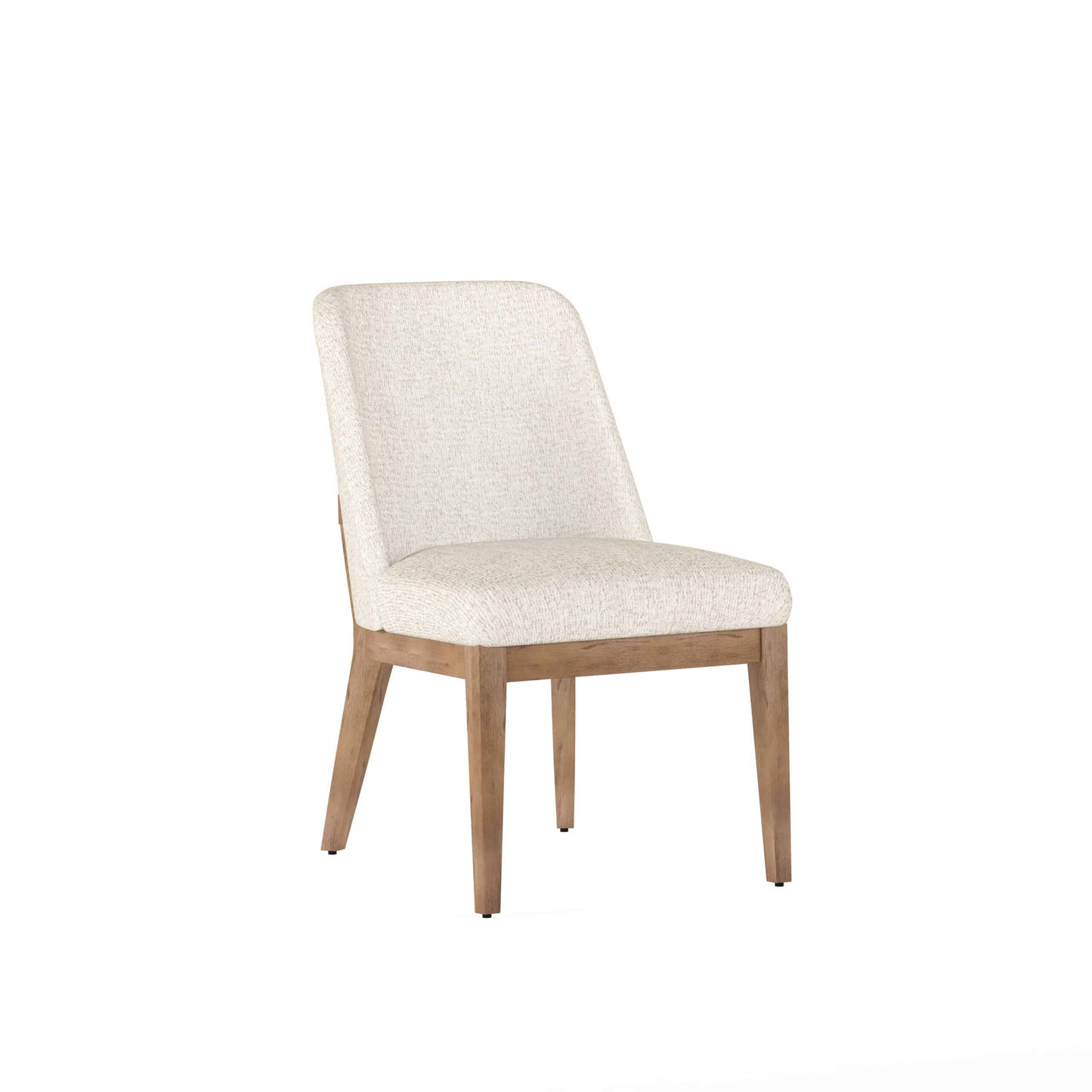 Side view of the Portico Modern Fabric Dining Chair, highlighting its warm sienna wood frame and sleek, minimalist design.