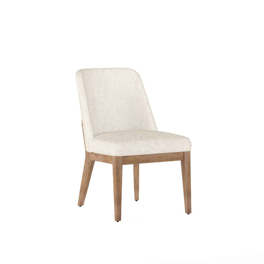 Side view of the Portico Modern Fabric Dining Chair, highlighting its warm sienna wood frame and sleek, minimalist design.