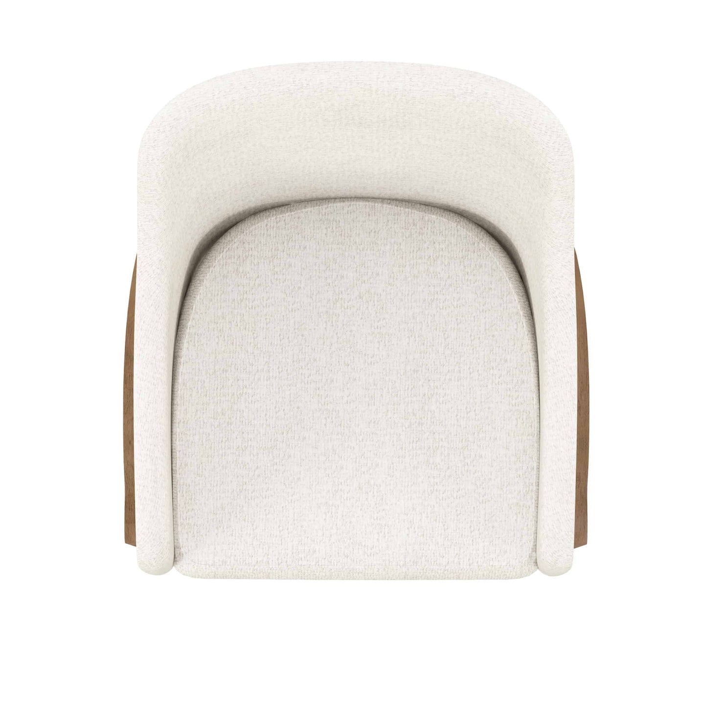 Overhead view of the Portico Modern Upholstered Dining Arm Chair, showcasing its curved backrest and upholstered seat.