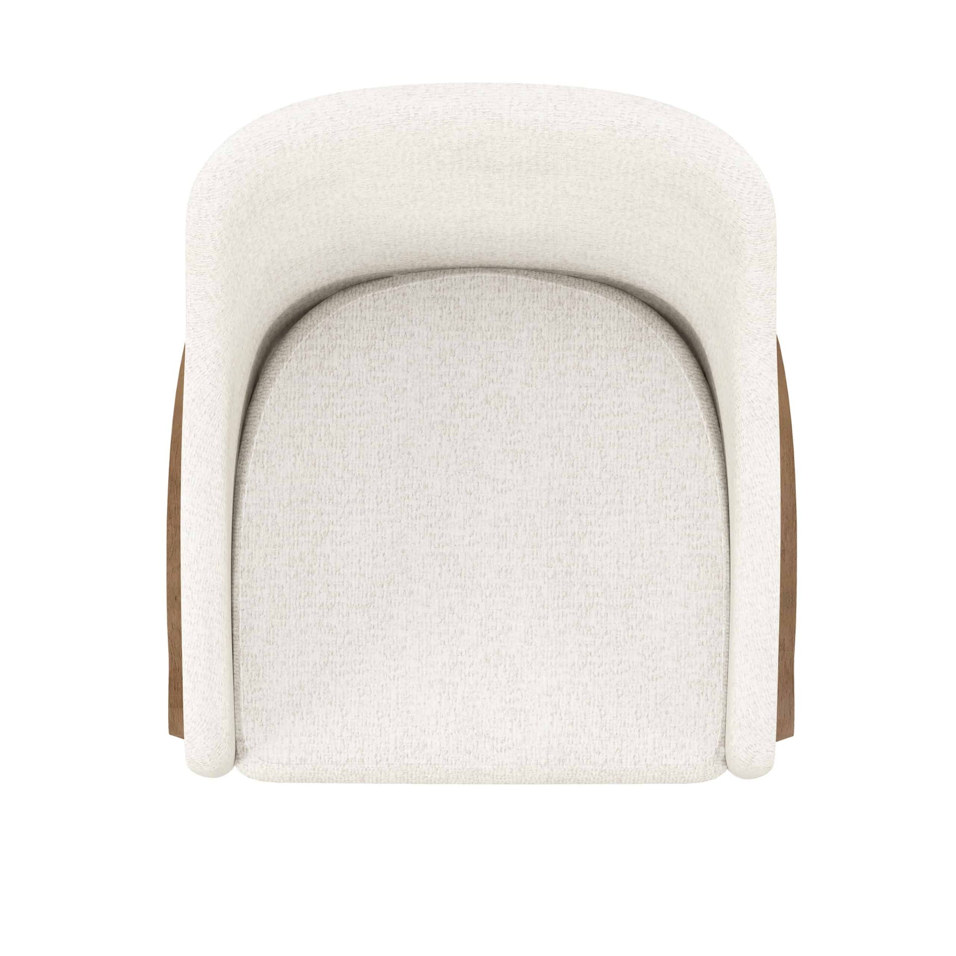 Overhead view of the Portico Modern Upholstered Dining Arm Chair, showcasing its curved backrest and upholstered seat.