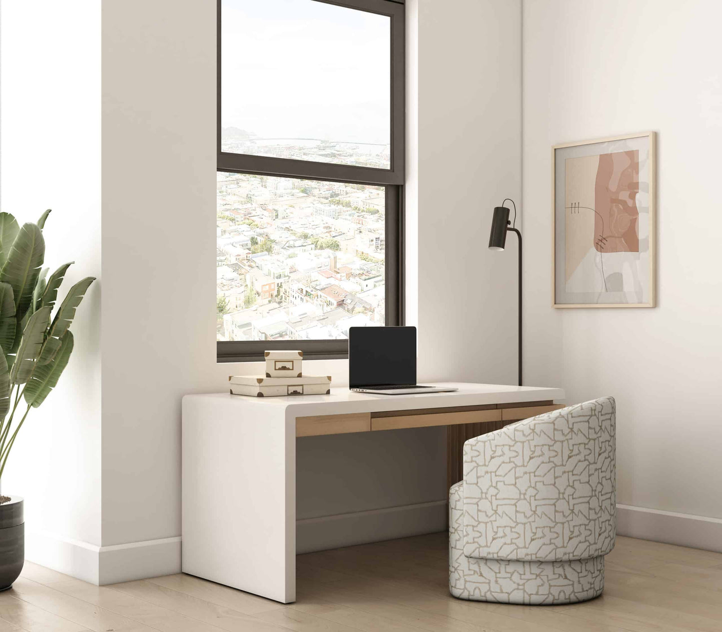 Modern home office setup with Portico Pattern Chair and sleek contemporary desk.