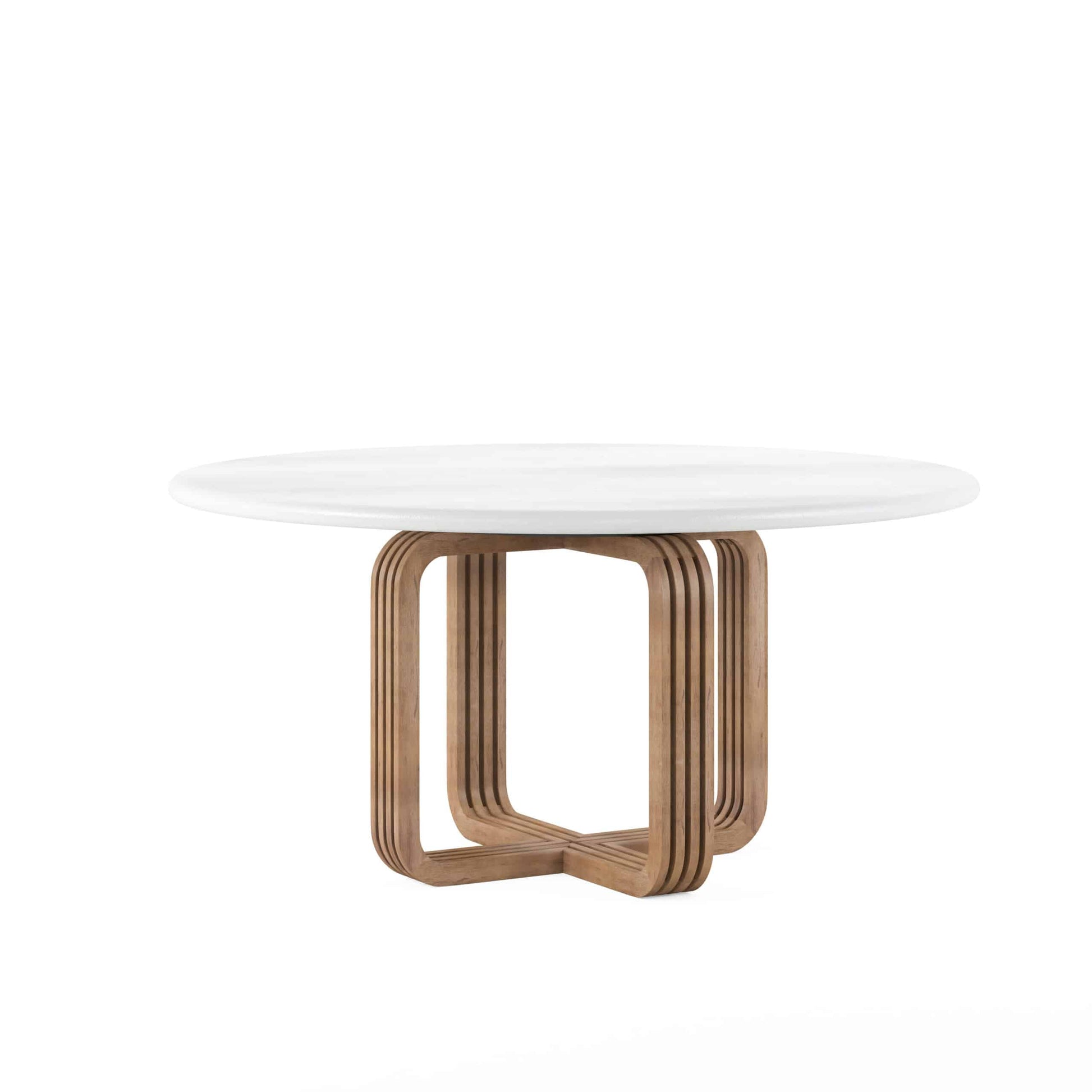 Round contemporary dining table with slatted wooden base, angled view.