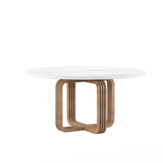 Round contemporary dining table with slatted wooden base, angled view.