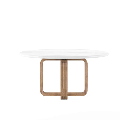 Portico round dining table with wood grain base and white plaster top, front view.