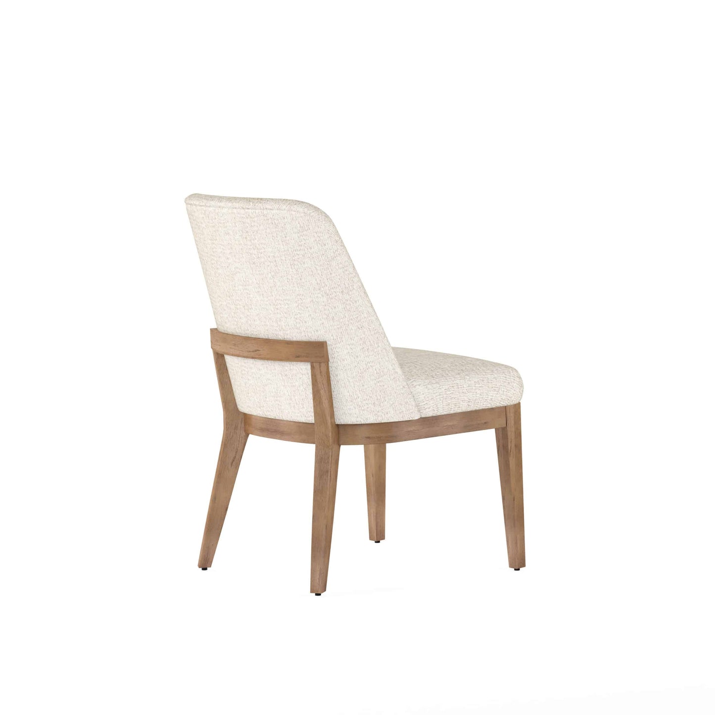 Rear view of the Portico Upholstered Chic Dining Chair, displaying the curved back and solid wood frame in sienna finish.