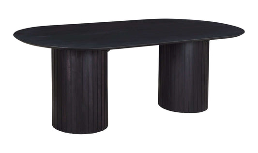 Black oval dining table with ribbed pillars, made of solid acacia wood.