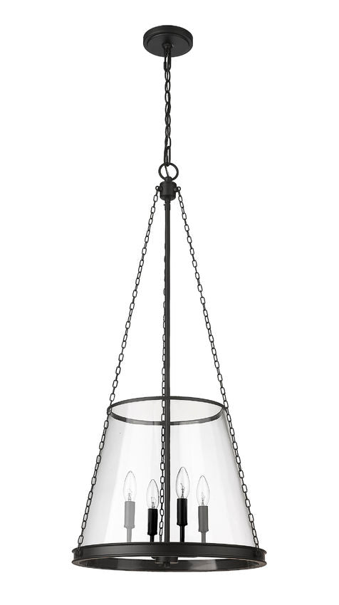 prescott pendant light in matte black with clear tapered glass.