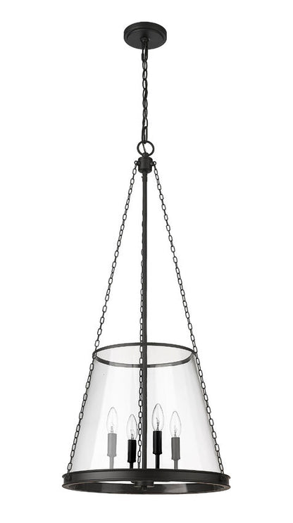 prescott pendant light in matte black with clear tapered glass.