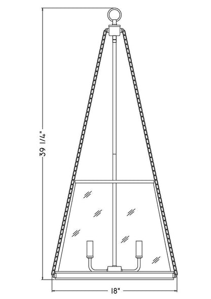 Technical drawing of Prescott four-light pendant with dimensions and proportions.