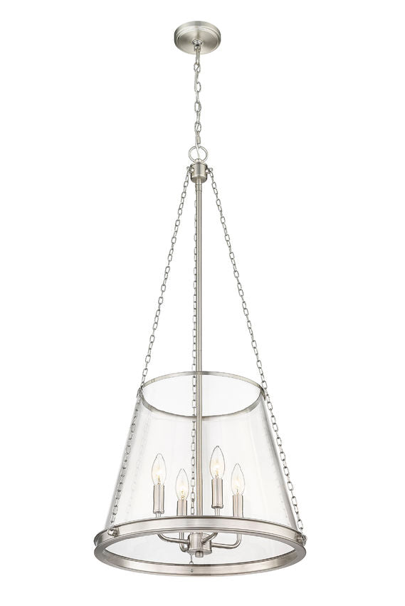 prescott pendant light brushed nickel angled view with four candelabra bulbs.