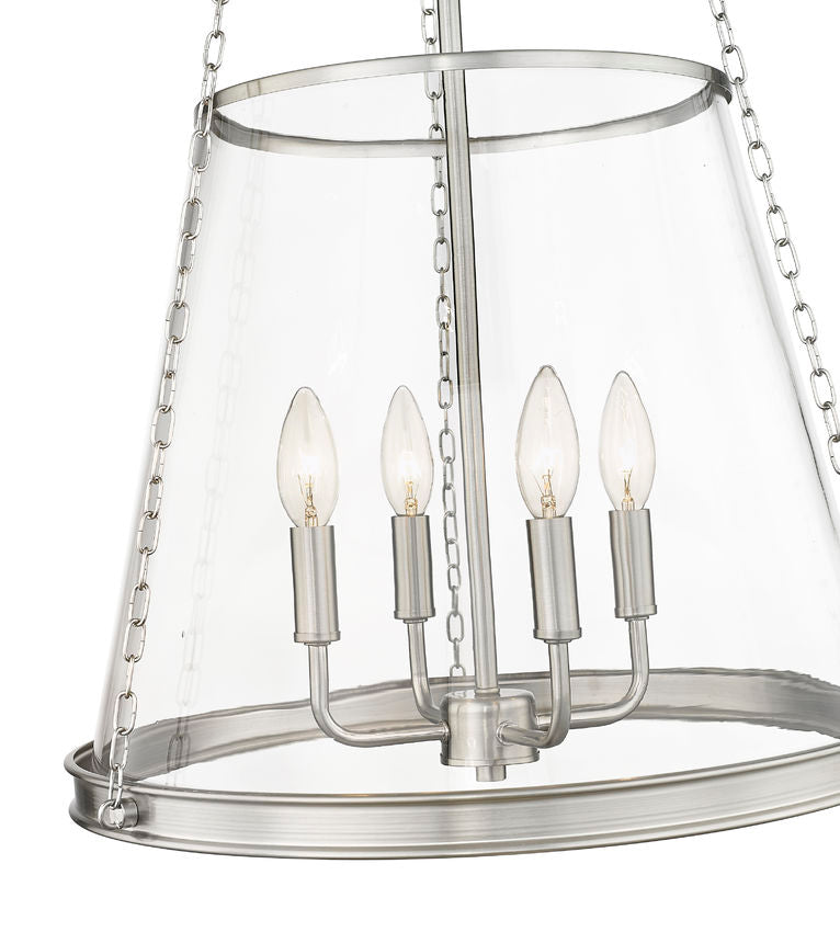 prescott pendant light brushed nickel close-up of clear taper shade and bulbs.