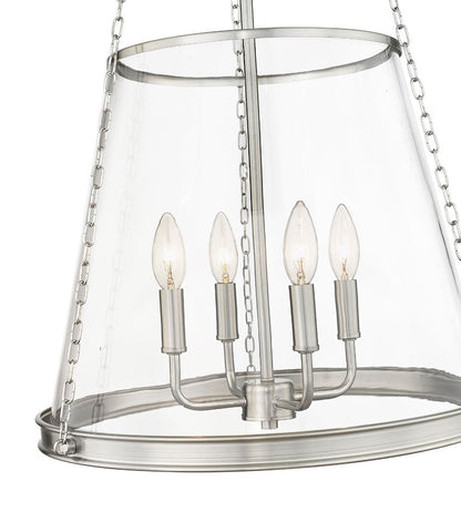 prescott pendant light brushed nickel close-up of clear taper shade and bulbs.